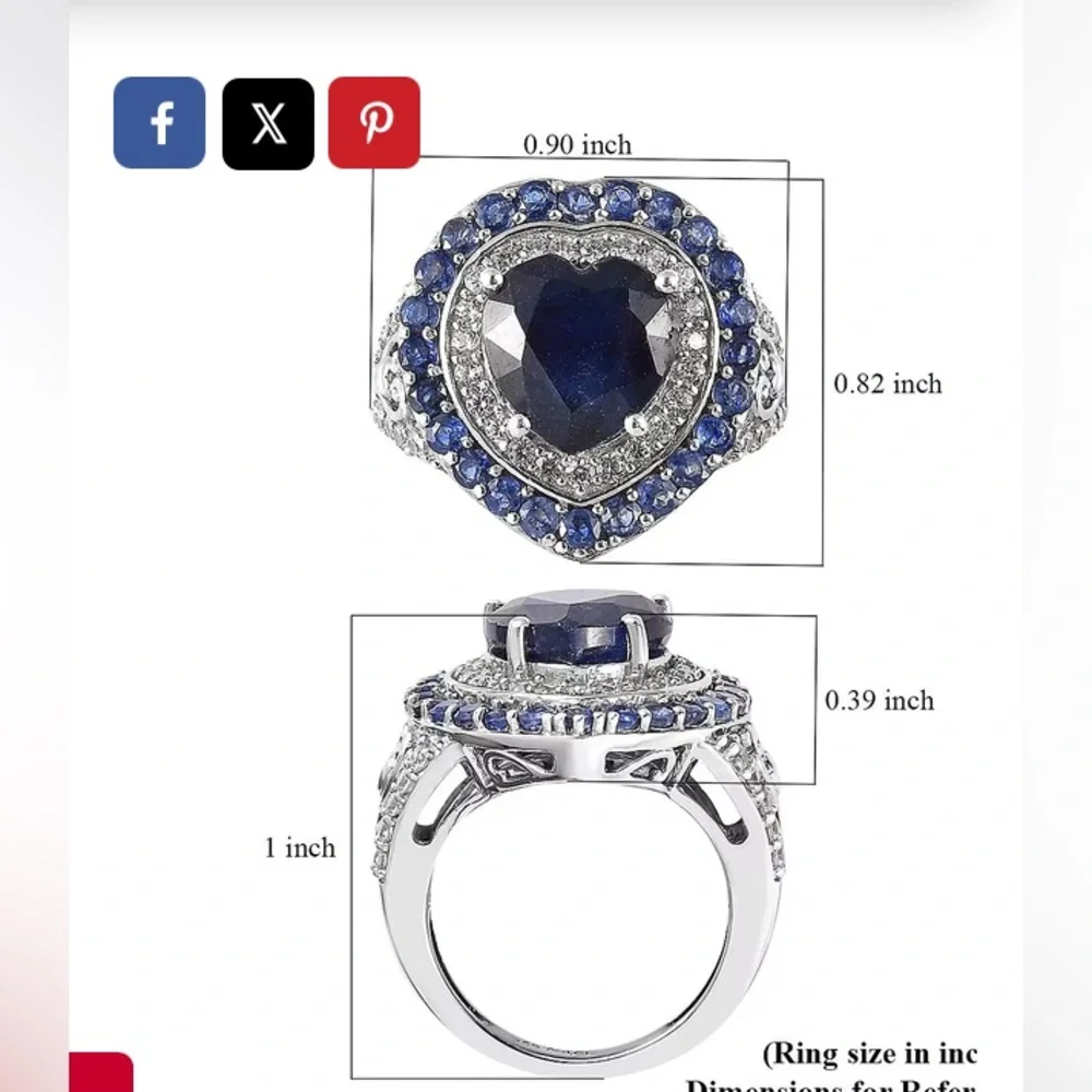 Sapphire heart shaped ring 7.75 cwt platinum over sterling silver size 7